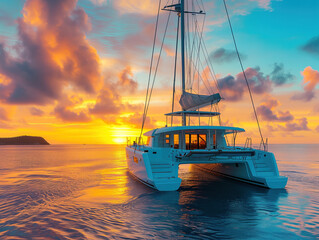Indulge in the ultimate luxury of a sailing vacation. Enjoy breathtaking sunsets and a peaceful yachting holiday. Relax on the catamaran net and embrace the pristine white deck. 
