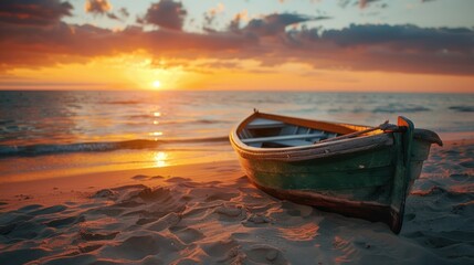 Sunset boat on the sandy beach