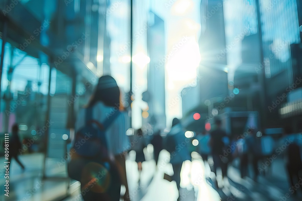 Wall mural blurred commuters walking in busy financial district abstract photo