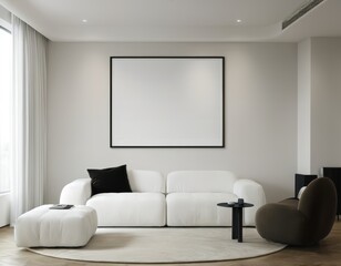 Minimalist Bedroom with Blank Frame Mockup, Modern Interior Design, Living room wall poster mockup
