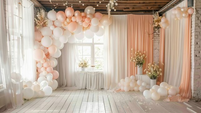 A beautiful room decorated with peach and white balloons, flowers, and a white curtain. The room is perfect for a wedding or special event.