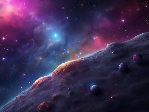 Cosmos background with realistic stardust, nebula, moon and shining stars. Colorful galaxy backdrop. Space vector illustration. Starry night, infinite universe, milky way bacground illustration