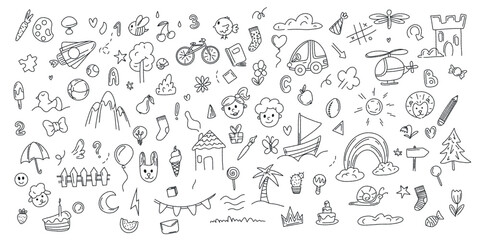 Doodle set of objects from a child's life drawn by hand, including toys, food, plants and things for sports and creative activities, a rocket. rainbow Children's graphics