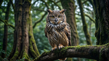Fototapeta premium An owl perched on a mossy tree stump staring forward