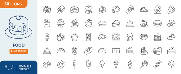 food line editable icon set. Containing cake, sandwitch, bakery food, fast food, and more. Editable stroke. Vector illustration	