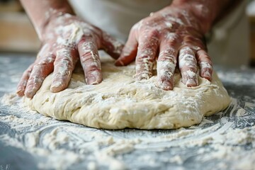 closeup of hands kneading and stretching pizza dough on floured surface capturing tactile artisanal...