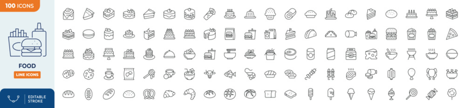Food icon set. Editable stroke. Vector illustration	