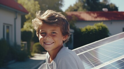 portrait of a positive smiling Caucasian boy 10 -12 years old looking at the camera, in front of a house with a solar generator on the roof. modern energy saving