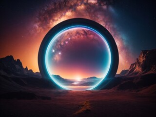 Abstract background of a cosmic landscape with a round ring