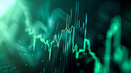 Dynamic stock market graph on digital screen, finance and trading concept with glowing green and white lines on dark background.
