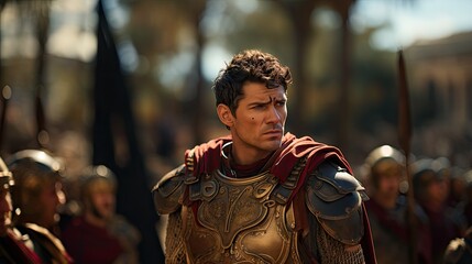 Roman Commander Reflecting on Battle Strategy, Soldiers in Background