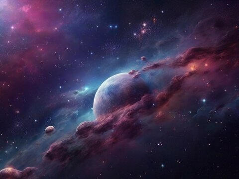 Cosmos background with realistic stardust, nebula, moon and shining stars. Colorful galaxy backdrop. Space vector illustration. Starry night, infinite universe, milky way bacground illustration