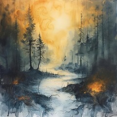 A dark and mysterious forest with a river running through it