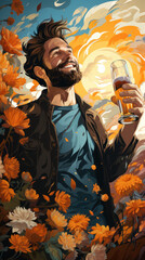 Fototapeta premium Joyful Man Enjoying a Beer Amidst Autumn Flowers, Vibrant Outdoor Celebratory Scene
