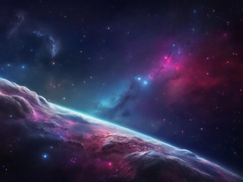 Cosmos background with realistic stardust, nebula, moon and shining stars. Colorful galaxy backdrop. Space vector illustration. Starry night, infinite universe, milky way bacground illustration