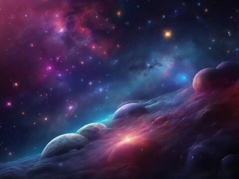 Cosmos background with realistic stardust, nebula, moon and shining stars. Colorful galaxy backdrop. Space vector illustration. Starry night, infinite universe, milky way bacground illustration