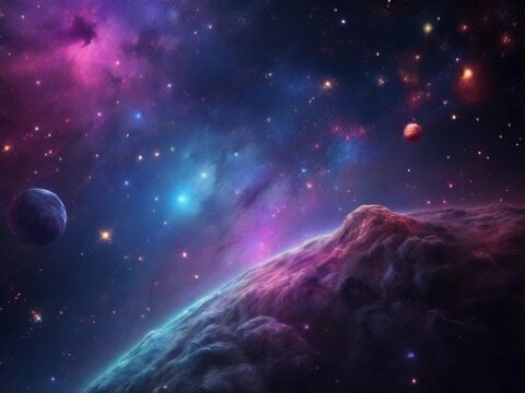 Cosmos background with realistic stardust, nebula, moon and shining stars. Colorful galaxy backdrop. Space vector illustration. Starry night, infinite universe, milky way bacground illustration
