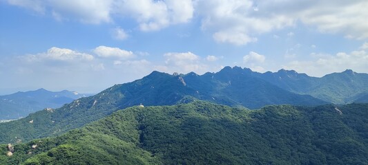 summer view of peak and rock at Sapaesan Mountain, South Korea. hiking. Korean mountain scenery.
