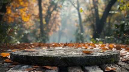 An empty podium with space for product display, showcasing a fall season forest floor background
