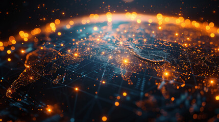 Obraz premium Digital globe displaying global data streams and network activity, showcasing worldwide connectivity.