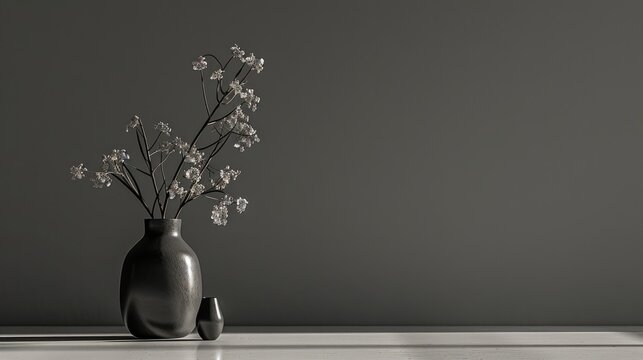 black plant on pot with emty space for text or product display featuring muted gray background