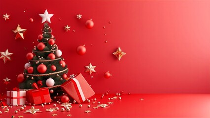 Christmas tree. Red background. Christmas and New Year concept. Red. Christmas atmosphere. Minimalistic background. Generate AI.