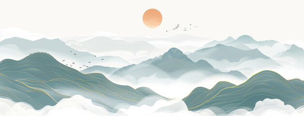 Gold line pattern, mountain and sun background, simple lines, gradient color of blue and green, white space at the top and bottom of the picture