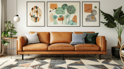 living room interior. Iconic Design: Mid-Century Modern Living Room with Tan Leather Sofa, Geometric Rug, and Vintage Art - Perfect for Nostalgic Interior Styling