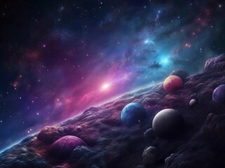 Cosmos background with realistic stardust, nebula, moon and shining stars. Colorful galaxy backdrop. Space vector illustration. Starry night, infinite universe, milky way bacground illustration
