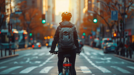 Casual city biker crossing street in stylish work attire, green lights and bike lanes.