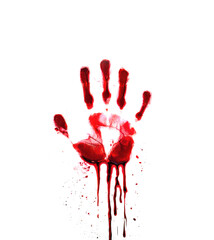 Dripping red blood handprint. Isolated transparent background PNG. Horror, crime concept. Bloody human hand mark with spatters of blood. Crime scene. Zombie. Deep glossy realistic blood set 01.
