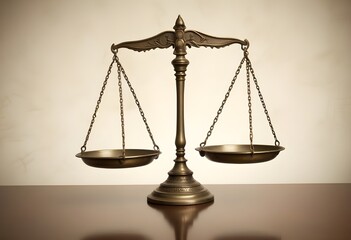 An antique brass scale with two balanced pans hanging from chains, representing the concept of justice and fairness