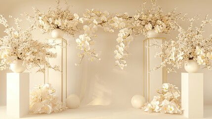 elegant wedding stage featuring luxurious floral arrangements with white and gold accents backdrop background