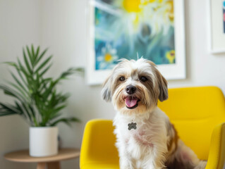 Joyful pet dog next to a poster mockup, presenting a cute and cheerful scene. AI generative.