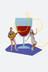 Vertical photo collage of happy guy play guitar instrument friday party alcohol glass blonde girl dance rest isolated on painted background