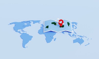 Red pin symbol and GPS location navigation map with airplane traveling around the world. 3D illustration