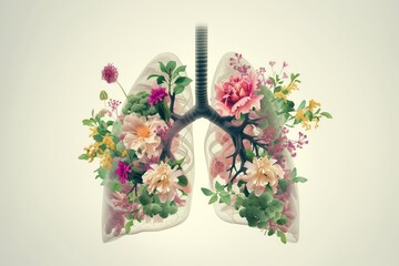 Botanical Representation of Human Lungs. Botany with anatomy, array of vibrant plants, flowers. Artwork, light background, concept of life, breath, health, growth, vitality, allergy. Harm of smoking