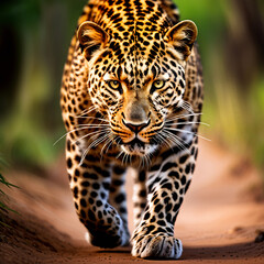Fototapeta premium A large leopard is running in the forest, in the style of photo-realistic