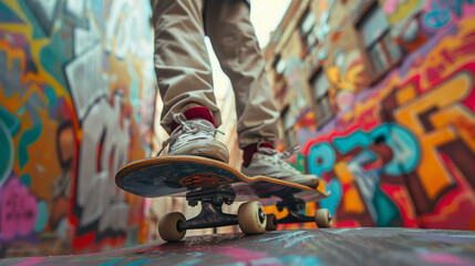 Youth skateboarding against vibrant graffiti wall backdrop from a low angle view.