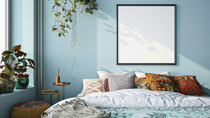 A bedroom with bohemian decor and a blank frame on a light blue wall, eclectic and personal.