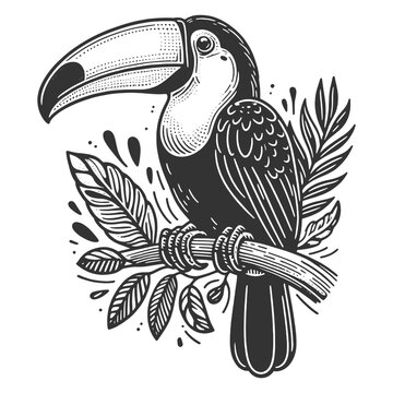 toucan bird perched on a branch, ideal for wildlife projects sketch engraving generative ai fictional character vector illustration. Scratch board imitation. Black and white image.