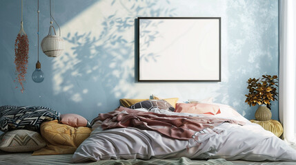 A bedroom with bohemian decor and a blank frame on a light blue wall, eclectic and personal.