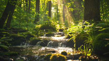 A serene forest scene with sunlight filtering through the trees, creating gentle rays of light on a small stream flowing past moss-covered rocks and lush greenery.