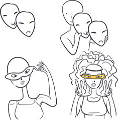 A set of cartoon icons on the theme of carnival masks and costume people. Among the art there are masks with different emotions, a character hiding behind the same masks, and girls with small, elegant