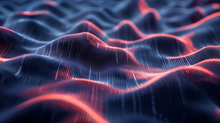 Abstract digital waves in blue and red hues creating a dynamic background