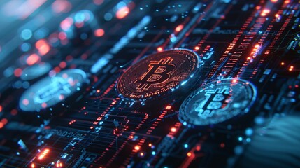 Fototapeta premium Bitcoin crypto currency on circuit board. Finance and money concept.