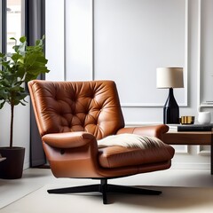 leather tufted recliner chair against white wall with copy space scandinavian home interior design 