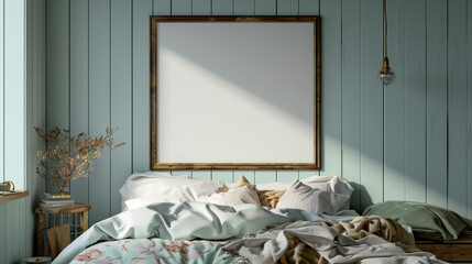 A bedroom with a rustic feel featuring a blank frame on a light blue wall, cozy and charming.