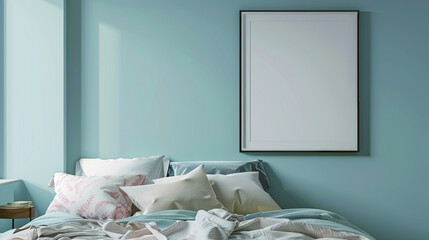 A bedroom with a tranquil theme, featuring a simple bed and a blank frame on a pastel blue wall.