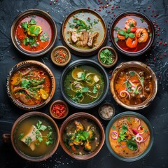 Asian Soups Set with Kespe Soup, Kullama or Beshbarmak, Fish Soup Bouillabaisse